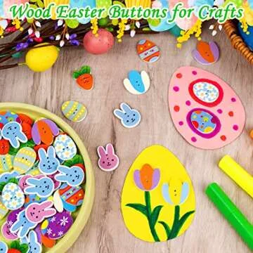 200 Pcs Easter Buttons for Crafts - Wooden Egg Rabbit Carrot Tulip Flowers Shaped Buttons Wood Easter Spring Buttons for Sewing Clothes Accessories Scrapbooking DIY Decorative Embellishments (1 in)