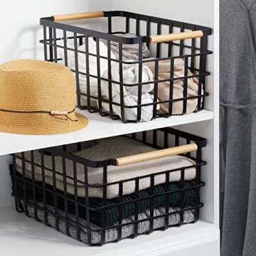 mDesign Wire Storage Basket with Wood Handles for Organization