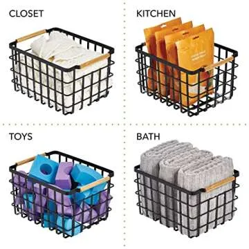 mDesign Wire Storage Basket with Wood Handles for Organization