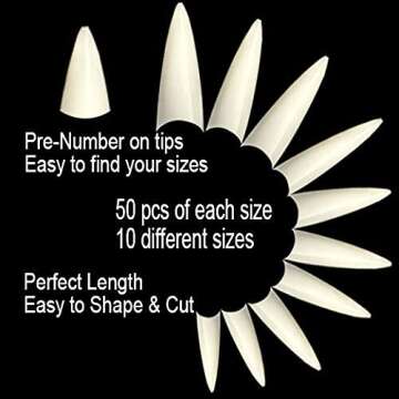 VIVACE 2PACK Natural/Clear Long Stiletto 500 Artificial Fake Gel Nail Tips (Total 1000Tips) 10Sizes For Nail Salon Nail Shop (28510/28512) (Long Stiletto)