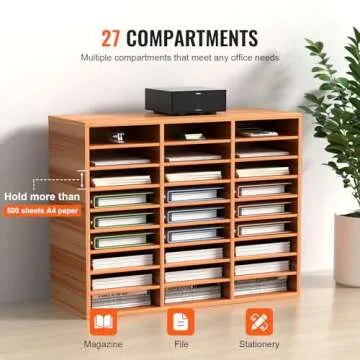 VEVOR 27 Compartments Wood Literature Organizer, Adjustable Shelves, Medium Density Fiberboard Mail Center, Office Home School Storage for Files, Documents, Papers, Magazines, Burlywood
