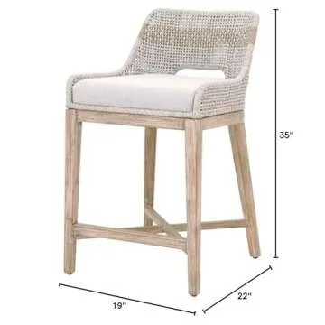 Home Square 2-Piece 26.5" Transitional Flat Rope Solid Mahogany Wood Frame Counter Stool Set with Fixed Seat Cushion, X Stretcher Base, for Kitchen and Dining Room, in Natural Gray/Taupe & White