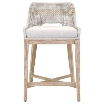 Home Square 2-Piece 26.5" Transitional Flat Rope Solid Mahogany Wood Frame Counter Stool Set with Fixed Seat Cushion, X Stretcher Base, for Kitchen and Dining Room, in Natural Gray/Taupe & White