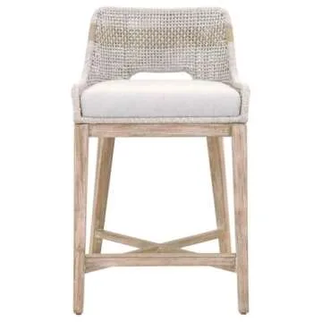 Home Square 2-Piece 26.5" Transitional Flat Rope Solid Mahogany Wood Frame Counter Stool Set with Fixed Seat Cushion, X Stretcher Base, for Kitchen and Dining Room, in Natural Gray/Taupe & White