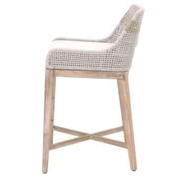 Home Square 2-Piece 26.5" Transitional Flat Rope Solid Mahogany Wood Frame Counter Stool Set with Fixed Seat Cushion, X Stretcher Base, for Kitchen and Dining Room, in Natural Gray/Taupe & White