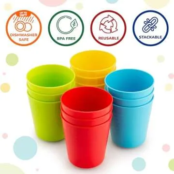 Plaskidy Kids Cups, Set of 12 Kids Plastic Cups, 8 oz Plastic Cups, Unbreakable, Reusable Cups, Dishwasher Safe, BPA-Free, Great Cups for Kids Bright Colored Kids Tumblers
