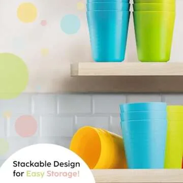 Plaskidy Kids Cups, Set of 12 Kids Plastic Cups, 8 oz Plastic Cups, Unbreakable, Reusable Cups, Dishwasher Safe, BPA-Free, Great Cups for Kids Bright Colored Kids Tumblers