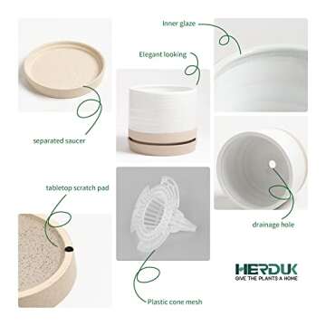 HERDUK 6 Inch Plant Pots, Ceramic Planter Pot with Drainage Hole & Saucer, Indoor/Outdoor Cylinder Round Planter Pot, White & Beige Glaze
