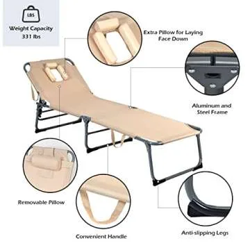GYMAX Tanning Chair, Beach Lounge Chair with Face Hole, 5 Level Adjustable Backrest, Removable Pillow & Carry Handle, Layout Sunbathing Chair for Outside Beach Poolside Lawn Patio (1, Sand)