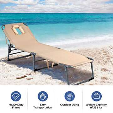 GYMAX Tanning Chair, Beach Lounge Chair with Face Hole, 5 Level Adjustable Backrest, Removable Pillow & Carry Handle, Layout Sunbathing Chair for Outside Beach Poolside Lawn Patio (1, Sand)
