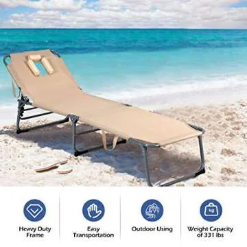 GYMAX Tanning Chair, Beach Lounge Chair with Face Hole, 5 Level Adjustable Backrest, Removable Pillow & Carry Handle, Layout Sunbathing Chair for Outside Beach Poolside Lawn Patio (1, Sand)