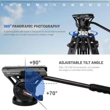 Video Tripod, COMAN 74" Professional Heavy Duty Camera Tripods with Quick Release Plate and 360° Fl...