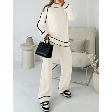 ZESICA Cozy Two Piece Outfit with Turtleneck and Wide Legs
