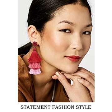 Me&Hz Red Layered Fashion Tassel Earrings Dangle Drop Bohemian Statement Earring for Women Red Ombre...