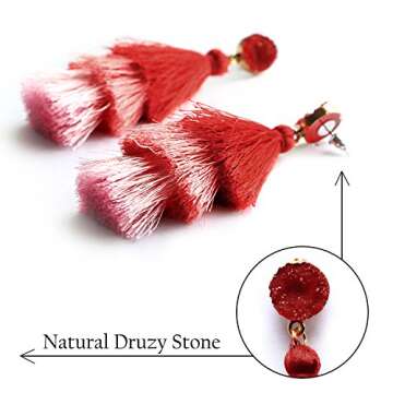 Me&Hz Red Layered Fashion Tassel Earrings Dangle Drop Bohemian Statement Earring for Women Red Ombre Fringe Crystal Studs Christmas Valentine Day Gift