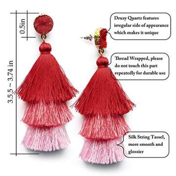 Me&Hz Red Layered Fashion Tassel Earrings Dangle Drop Bohemian Statement Earring for Women Red Ombre Fringe Crystal Studs Christmas Valentine Day Gift