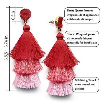 Me&Hz Red Layered Fashion Tassel Earrings Dangle Drop Bohemian Statement Earring for Women Red Ombre Fringe Crystal Studs Christmas Valentine Day Gift