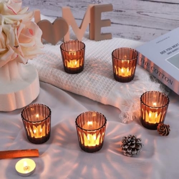 KTNSTSAAL 12PCS Brown Glass Votive Candle Holders Elegant Decor