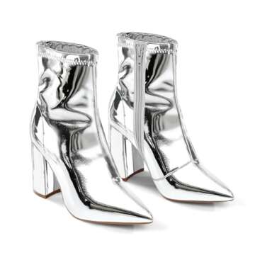 mysoft Women's GoGo Boots Mid Calf Block Heel Ankle Boots Pointed Toe Patent Leather Side Zipper Boo...