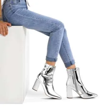 mysoft Women's GoGo Boots Mid Calf Block Heel Ankle Boots Pointed Toe Patent Leather Side Zipper Booties