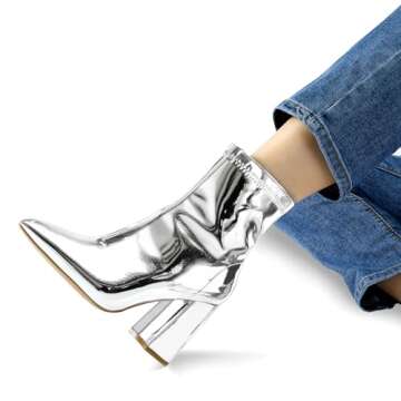 mysoft Women's GoGo Boots Mid Calf Block Heel Ankle Boots Pointed Toe Patent Leather Side Zipper Booties