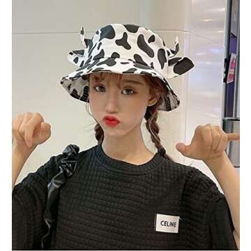 Unisex Cow Bucket Hat with Cute Horn Ears Cow Print Summer Fisherman Hats Print Sun Cap for Women wi...