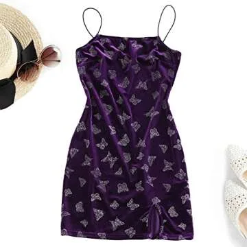 YODNBUK Women's Velvet Mini Dress Slim Spaghetti Straps Side Slit Mini Dress Sexy Butterfly Cami Bodycon Dress