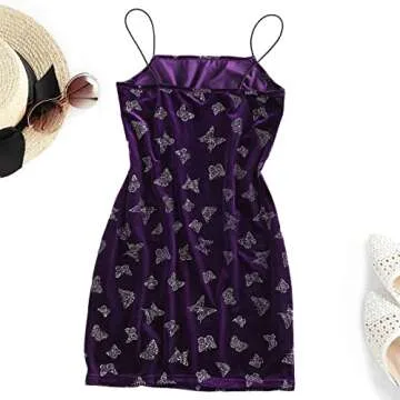 YODNBUK Women's Velvet Mini Dress Slim Spaghetti Straps Side Slit Mini Dress Sexy Butterfly Cami Bodycon Dress