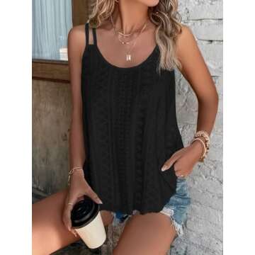 ATHMILE Women's DressyTank Tops Eyelet Embroidery Sleeveless Spaghetti Strap Tops Scoop Neck Sexy Loose Fit Casual Summer Flowy Cami Black