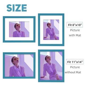 Muzilife 11x14 Wood Picture Frame with Real Glass Cover, Teal Photo Frame Display Pictures 8x10 with Mat or 11x14 Without Mat, Vertical & Horizontal on Wall, 1pcs