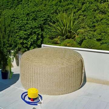 weruisi Woven Inflatable Ottoman with Air Pump D21”x H10” Outdoor Indoor Pouf Patio Footrest Stool with Portable Handle, Round Ottoman for Patio Garden, Camping, Bedroom, Living Room Natural Color