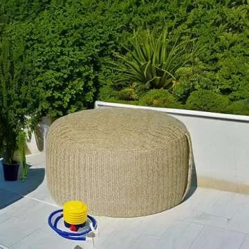 weruisi Woven Inflatable Ottoman with Air Pump D21”x H10” Outdoor Indoor Pouf Patio Footrest Stool with Portable Handle, Round Ottoman for Patio Garden, Camping, Bedroom, Living Room Natural Color