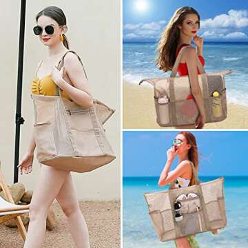 Eslcorri Mesh Beach Tote - Extra Large Beach Bag with 11 Pockets Foldable Tote Bag Womens Shoulder H...