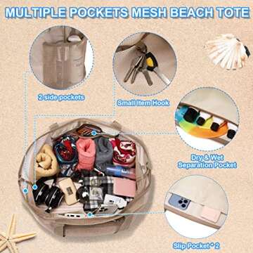 Eslcorri Mesh Beach Tote - Extra Large Beach Bag with 11 Pockets Foldable Tote Bag Womens Shoulder Handbag Oversized Casual Gift Pool Bag Travel Essentials for Swimming Gym Toys Kitchen 24.8x9.4x14.6