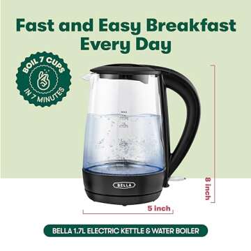 BELLA 1.7 Liter Glass Electric Kettle, Quickly Boil 7 Cups of Water in 6-7 Minutes, Soft Blue LED Li...