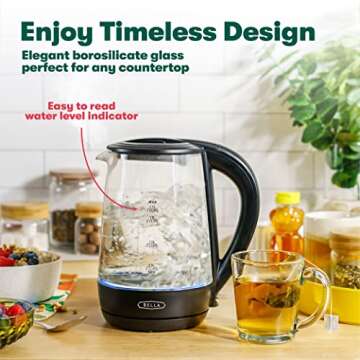 BELLA 1.7 Liter Glass Electric Kettle, Quickly Boil 7 Cups of Water in 6-7 Minutes, Soft Blue LED Lights Illuminate While Boiling, Cordless Portable Heater, Carefree Auto Shut-Off, Black