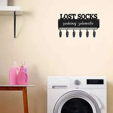 Lost Socks Laundry Sign, Farmhouse Laundry Room Decor and Accessories, Metal Laundry Room Organization with 6 Clips, Lost Sock Sign Wall Decor,13.4×4.5 inches, Black