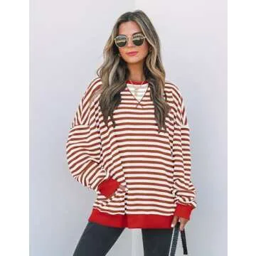ZESICA Womens Casual Striped Pullover Tops Long Sleeve Shirts Crewneck Oversized Sweatshirts Spring Clothes,Caramel,Small