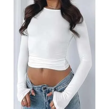 Womens Long Sleeve Shirts Basic Crop Tops Tight Slim Fit Cute Fall Winter Y2k Clothes 2025, White, S