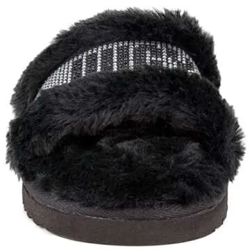 Juicy Couture Women's Luxe Faux Fur Slide Slippers with Embellished Strap, Cozy Indoor/Outdoor Fuzzy Slip-On Sandals, Halo - Black, Size 6