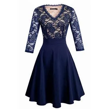 HOMEYEE Women's Elegant V-Neck Lace Patchwork Flare Party Dress A062 - Perfect for All Occasions