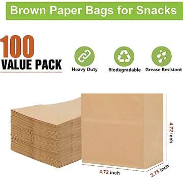 Brown Paper Bags for Snacks,100 Pack, Greaseproof Kraft Paper Bags, Recyclable, and Biodegradable, Small Brown Paper Bags For Popcorn, Cookies, Fries, Crafts, Gift Wrapping Bag in Bulk