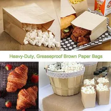 Brown Paper Bags for Snacks,100 Pack, Greaseproof Kraft Paper Bags, Recyclable, and Biodegradable, Small Brown Paper Bags For Popcorn, Cookies, Fries, Crafts, Gift Wrapping Bag in Bulk