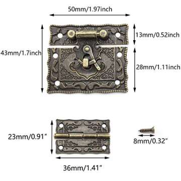 SDTC Tech Antique Bronze Rectangle Right Hook Hasp Latch and Engraved Hinge Kit for Decorating Vinta...