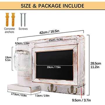 VIEFIN Mail & Key Holder for Wall Decorative,Rustic Maill Sorter Organizer with Key Hooks,Floating Shelf,Mason Jar & Chalkboard,Farmhouse Key Rack for Wall Decor,Entryway,Office,White