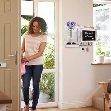 VIEFIN Mail & Key Holder for Wall Decorative,Rustic Maill Sorter Organizer with Key Hooks,Floating Shelf,Mason Jar & Chalkboard,Farmhouse Key Rack for Wall Decor,Entryway,Office,White