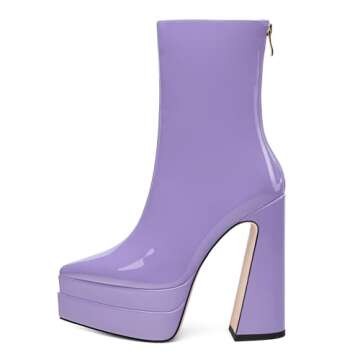 Stylish DEMOSHINE Lavender Patent Platform Mid Calf Boots for Women - Chunky High Heel & Pointed Toe...