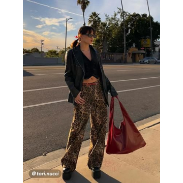 CIDER Leopard Print Denim Wide Leg Pants Fashion