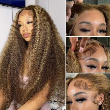 CYNOSURE 13x5 Curly Honey Blond Ombre Color Highlight Lace Front Human Hair Wigs for Women Invisible Pre Plucked (24 Inch, Highlight)