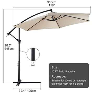 TUKAILAi 10ft Cantilever Patio Umbrella, Offset Hanging Outdoor Table Umbrella with Tilt Crank, 6 Sturdy Ribs and Cross Base, UV 50+ Protection Sun Shade for Market, Garden, Backyard & Pool (Cream)